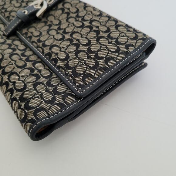 Coach Buckle Signature Clutch Wallet Large Logo Canvas Leather Black Trifold - Picture 9 of 9